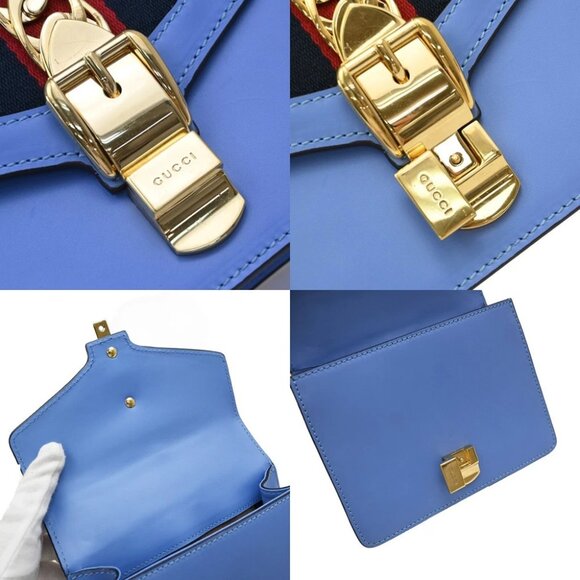 GUCCI Logo Sylvie Chain Mini Shoulder Bag Leather Blue GHW Italy 93RF525 - Picture 4 of 16